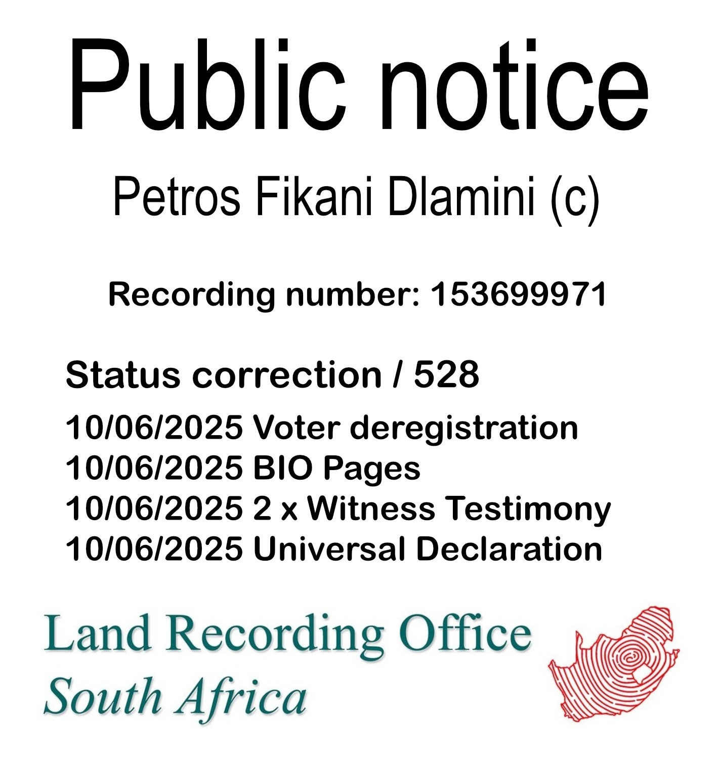 Public notice Petros Fikani Dlamini (c) Recording number 153699971